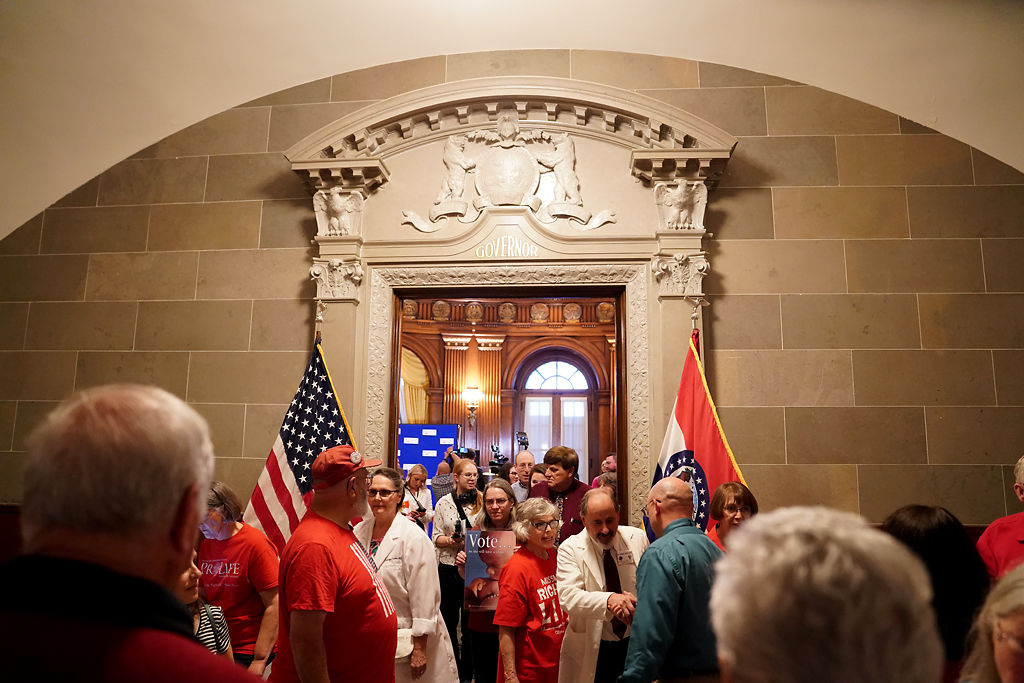Abortion-rights opponents gather inside the Missouri State Capitol building